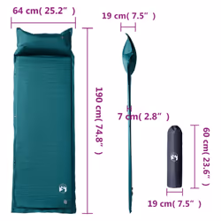 vidaXL Self Inflating Camping Mattress & Pillow 1-Person Sleeping Mat Grey - green, 190 x 64 x 7 cm