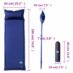 vidaXL Self Inflating Camping Mattress & Pillow 1-Person Sleeping Mat Grey - navy blue, 190 x 64 x 7 cm - Additional view 4