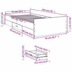 vidaXL Bed Frame with Drawers Bed Base Sonoma Oak 120x200 cm Engineered Wood - smoked oak, 75 x 190 cm