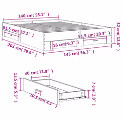vidaXL Bed Frame with Drawers Bed Base Grey Sonoma 140x200 cm Engineered Wood - white, 140 x 200 cm - Additional view 9