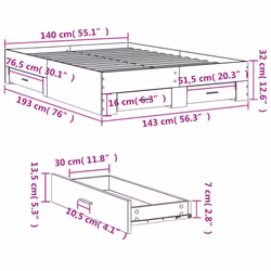 vidaXL Bed Frame with Drawers Bed Base Grey Sonoma 140x200 cm Engineered Wood - black, 140 x 190 cm - Additional view 9