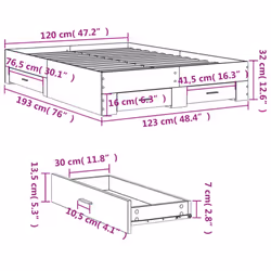 vidaXL Bed Frame with Drawers Bed Base Grey Sonoma 140x200 cm Engineered Wood - white, 120 x 190 cm - Additional view 9