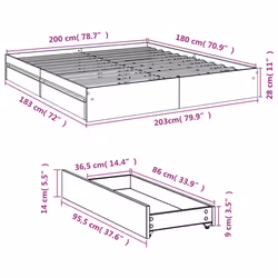 vidaXL Bed Frame with Drawers Bed Black 135x190 cm Double Engineered Wood - grey sonoma, 180 x 200 cm - Additional view 3