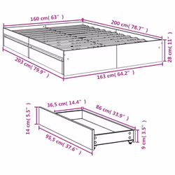 vidaXL Bed Frame with Drawers Bed Black 135x190 cm Double Engineered Wood - grey sonoma, 160 x 200 cm - Additional view 3