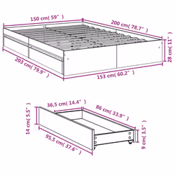 vidaXL Bed Frame with Drawers Bed Black 135x190 cm Double Engineered Wood - white, 150 x 200 cm - Additional view 9