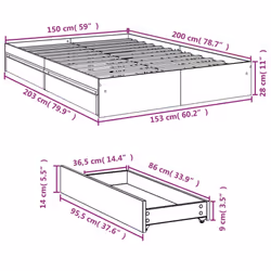 vidaXL Bed Frame with Drawers Bed Black 135x190 cm Double Engineered Wood - grey sonoma, 150 x 200 cm