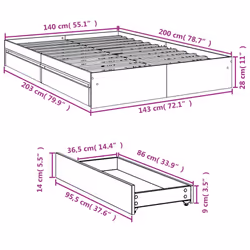 vidaXL Bed Frame with Drawers Bed Black 135x190 cm Double Engineered Wood - smoked oak, 140 x 200 cm
