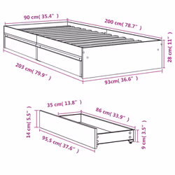 vidaXL Bed Frame with Drawers Bed Black 135x190 cm Double Engineered Wood - smoked oak, 90 x 200 cm - Additional view 9