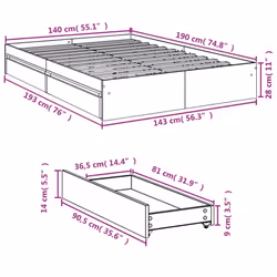 vidaXL Bed Frame with Drawers Bed Black 135x190 cm Double Engineered Wood - white, 140 x 190 cm