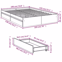 vidaXL Bed Frame with Drawers Bed Black 135x190 cm Double Engineered Wood - black, 135 x 190 cm