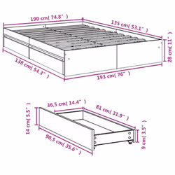 vidaXL Bed Frame with Drawers Bed Black 135x190 cm Double Engineered Wood - smoked oak, 135 x 190 cm