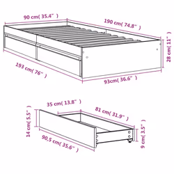 vidaXL Bed Frame with Drawers Bed Black 135x190 cm Double Engineered Wood - smoked oak, 90 x 190 cm - Additional view 9