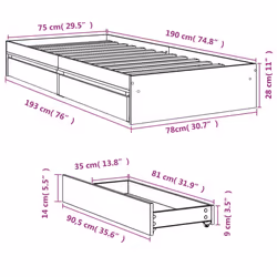 vidaXL Bed Frame with Drawers Bed Black 135x190 cm Double Engineered Wood - concrete grey, 75 x 190 cm