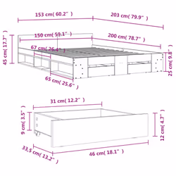 vidaXL Bed Frame with Drawers Bed Base Smoked Oak 200x200 cm Engineered Wood - brown oak, 150 x 200 cm