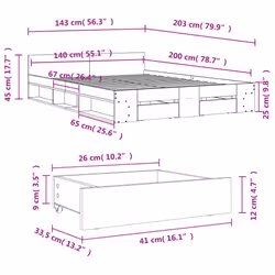 vidaXL Bed Frame with Drawers Bed Base Smoked Oak 200x200 cm Engineered Wood - brown oak, 140 x 200 cm
