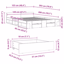 vidaXL Bed Frame with Drawers Bed Base Smoked Oak 200x200 cm Engineered Wood - sonoma oak, 120 x 200 cm