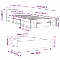 vidaXL Bed Frame with Drawers Bed Base Smoked Oak 200x200 cm Engineered Wood - white, 90 x 190 cm - Additional view 9