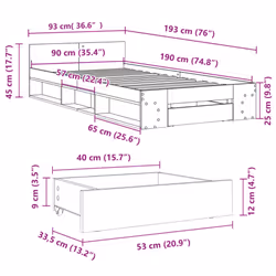 vidaXL Bed Frame with Drawers Bed Base Smoked Oak 200x200 cm Engineered Wood - brown oak, 90 x 190 cm