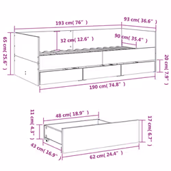 vidaXL Daybed with Drawers Sofa Bed Grey Sonoma 100x200 cm Engineered Wood - smoked oak, 90 x 190 cm - Additional view 9
