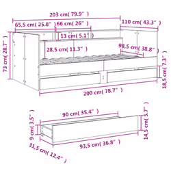 vidaXL Daybed with Drawers Sofa Bed Guest Bed Black 100x200 cm Engineered Wood - grey sonoma, 100 x 200 cm - Additional view 9