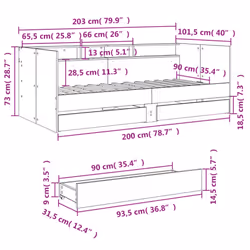 vidaXL Daybed with Drawers Sofa Bed Guest Bed Black 100x200 cm Engineered Wood - grey sonoma, 90 x 200 cm - Additional view 3