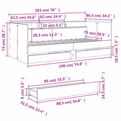 vidaXL Daybed with Drawers Sofa Bed Guest Bed Black 100x200 cm Engineered Wood - grey sonoma, 75 x 190 cm - Additional view 9