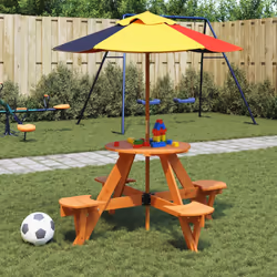 vidaXL Picnic Table for 4 Kids with Umbrella Play Table Round Solid Wood Fir - dark brown