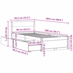 vidaXL Bed Frame with Drawers Bed Base Mattress Foundation Solid Wood Pine - wax brown, 90 x 200 cm