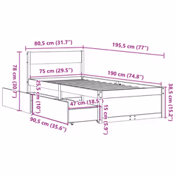 vidaXL Bed Frame with Drawers Bed Base Mattress Foundation Solid Wood Pine - wax brown, 75 x 190 cm