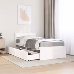 vidaXL Bed with Drawers and Mattress Home Bed Base Bedstead Solid Wood Pine - white, 90 x 190 cm
