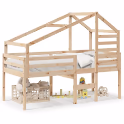 vidaXL High Sleeper Bed with Roof Loft Bed Bunk Bed Frame Solid Wood Pine - natural, 90 x 190 cm