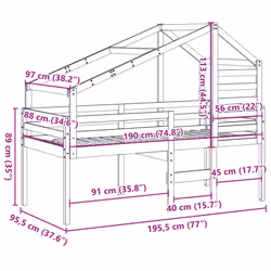 vidaXL High Sleeper Bed with Roof Loft Bed Bunk Bed Frame Solid Wood Pine - natural, 90 x 190 cm