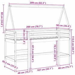 vidaXL Loft Bed with Ladder and Roof Bunk Bed White Solid Wood Pine - white, 90 x 200 cm
