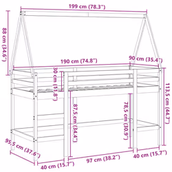 vidaXL Loft Bed with Ladder and Roof Bunk Bed White Solid Wood Pine - white, 90 x 190 cm