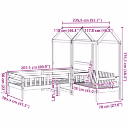 vidaXL Bed and Bench Set with Roof Kids Bed Frame Bed Base Solid Wood Pine - wax brown, 100 x 200 cm - Additional view 3