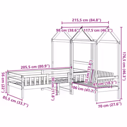 vidaXL Bed and Bench Set with Roof Kids Bed Frame Bed Base Solid Wood Pine - wax brown, 80 x 200 cm - Additional view 3