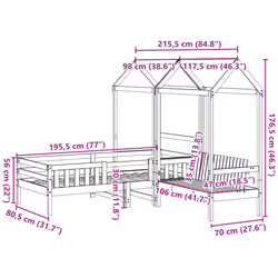 vidaXL Bed and Bench Set with Roof Kids Bed Frame Bed Base Solid Wood Pine - white, 75 x 190 cm - Additional view 3