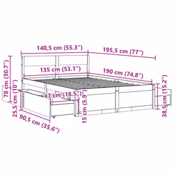 vidaXL Bed Frame with Drawers Bed Base Mattress Foundation Solid Wood Pine - wax brown, 135 x 190 cm