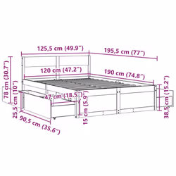 vidaXL Bed Frame with Drawers Bed Base Mattress Foundation Solid Wood Pine - wax brown, 120 x 190 cm - Additional view 9