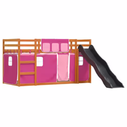 vidaXL Bunk Bed with Slide and Curtains Bed Frame Loft Bed Pink 90x190 cm - brown and pink, 90 x 200 cm - Additional view 2