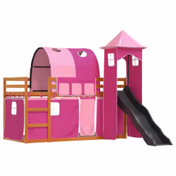 vidaXL Bunk Bed with Slide and Curtains Twin Sleeper - brown and pink, 90 x 200 cm - Additional view 2