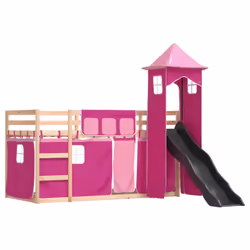 vidaXL Bunk Bed with Slide and Curtains Kids Twin Sleeper Bed Pink 90x200 cm - pink, 90 x 200 cm - Additional view 2