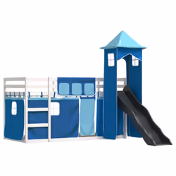 vidaXL Bunk Bed with Slide and Curtains Kids Twin Sleeper Bed Pink 90x200 cm - white and blue, 90 x 200 cm - Additional view 2