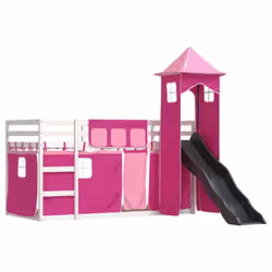 vidaXL Bunk Bed with Slide and Curtains Kids Twin Sleeper Bed Pink 90x200 cm - white and pink, 90 x 200 cm - Additional view 2