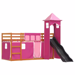 vidaXL Bunk Bed with Slide and Curtains Kids Twin Sleeper Bed Pink 90x200 cm - brown and pink, 90 x 200 cm - Additional view 2