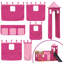 vidaXL Bunk Bed with Slide and Curtains Kids Twin Sleeper Bed Pink 90x200 cm - brown and pink, 90 x 200 cm - Additional view 4