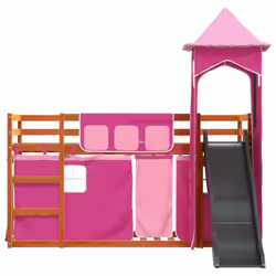 vidaXL Bunk Bed with Slide and Curtains Kids Twin Sleeper Bed Pink 90x200 cm - brown and pink, 90 x 200 cm - Additional view 6
