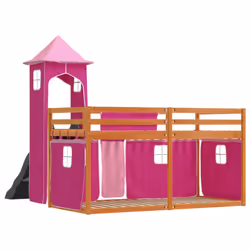 vidaXL Bunk Bed with Slide and Curtains Kids Twin Sleeper Bed Pink 90x200 cm - brown and pink, 90 x 200 cm - Additional view 9