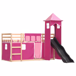vidaXL Bunk Bed with Slide and Curtains Kids Twin Sleeper Bed Pink 90x200 cm - pink, 90 x 190 cm - Additional view 2