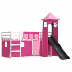 vidaXL Bunk Bed with Slide and Curtains Kids Twin Sleeper Bed Pink 90x200 cm - white and pink, 90 x 190 cm - Additional view 2